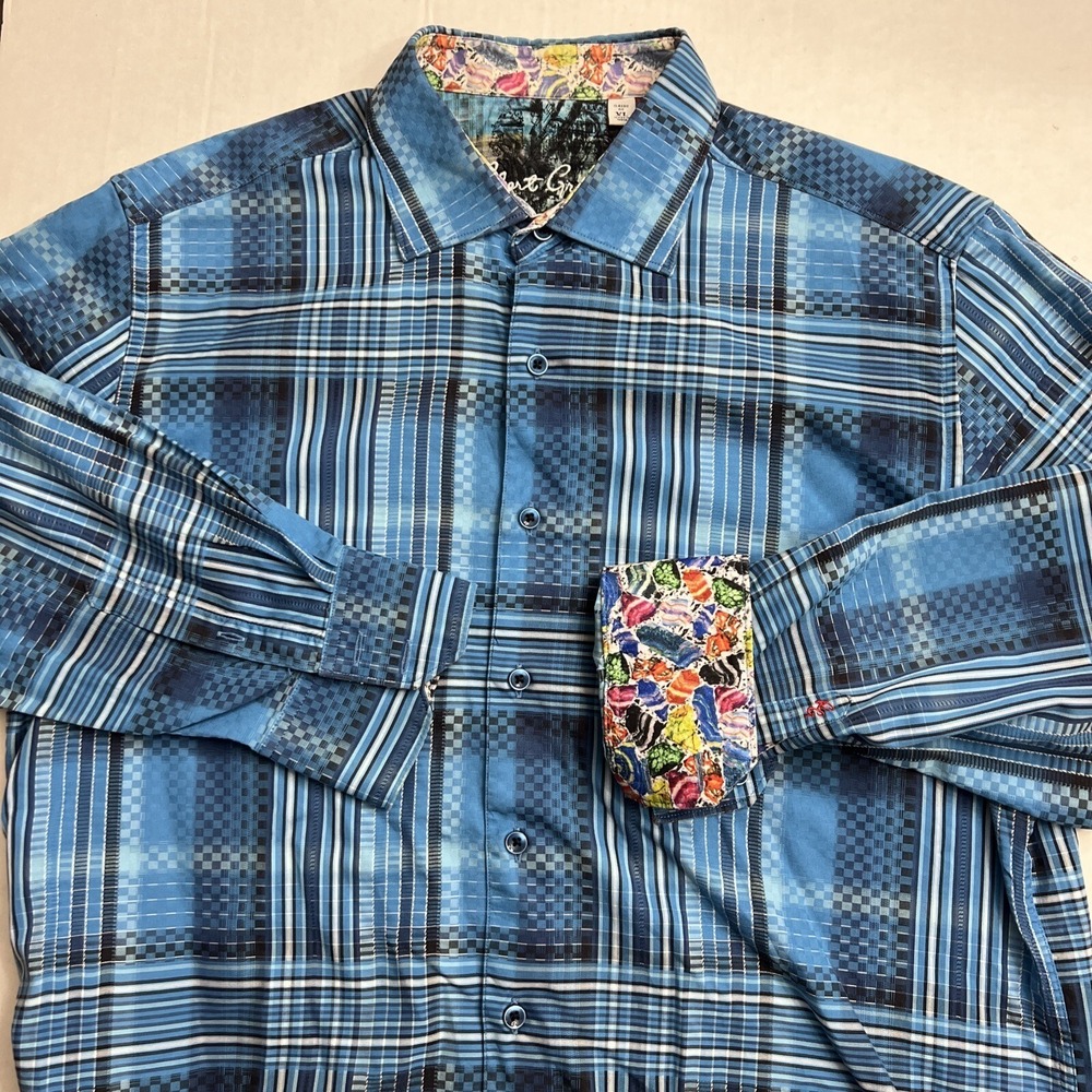Robert‎ Graham Shirt Men's XL Blue Plaid Geometric Colorful Abstract Flip Cuff